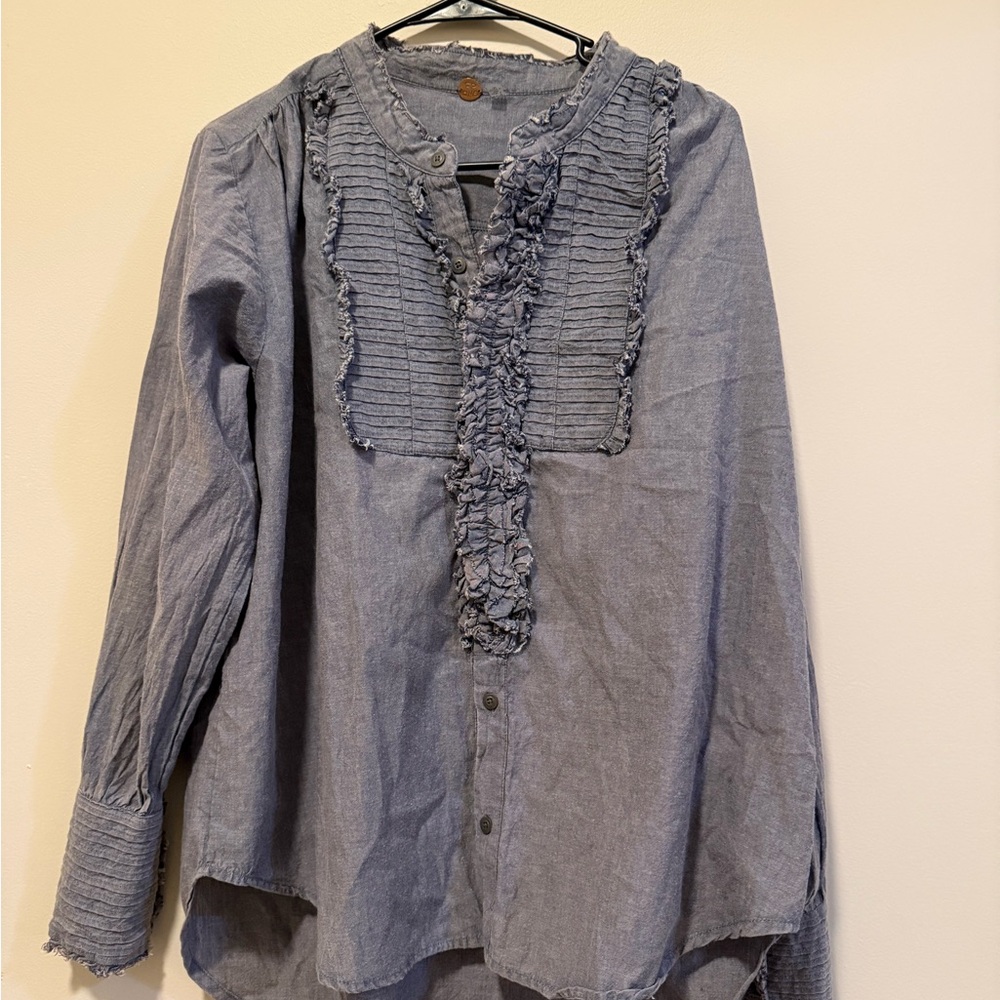 Free People Blue Gray Ruffled Blouse